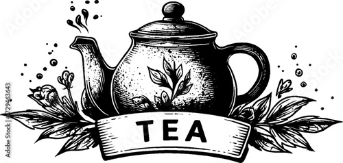 Vintage engraved tea kettle with floral motif for retro design and decor