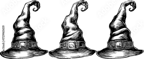 Vintage engraved wizard hat illustration set for halloween design and decoration