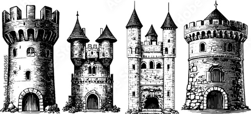 Medieval fantasy towers engraved illustration set for historical design