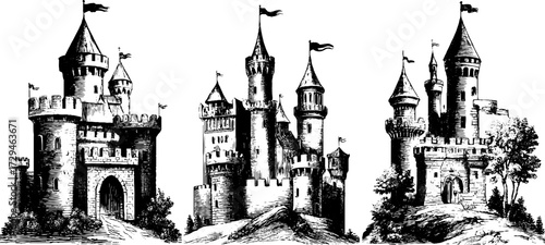 Medieval fantasy castle engravings set for historical and fantasy designs