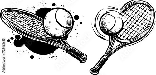 Vintage tennis racket and ball illustration set for sports design