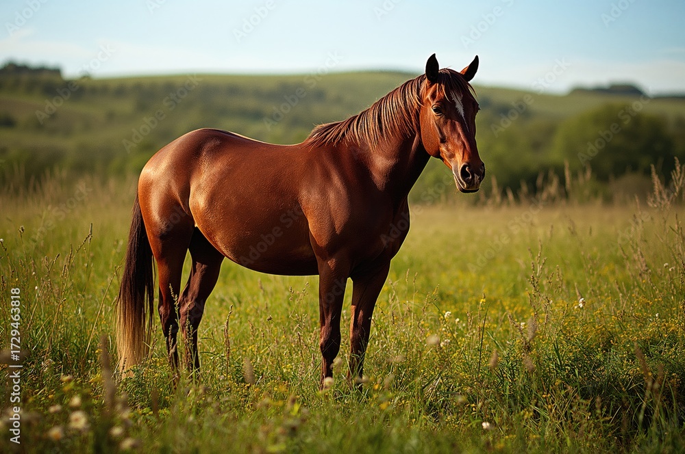 Obraz premium Warm brown horse standing in a green meadow during summer