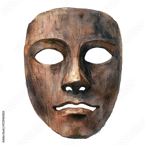 Wooden Mask, watercolor clipart vector, isolated on a white background.