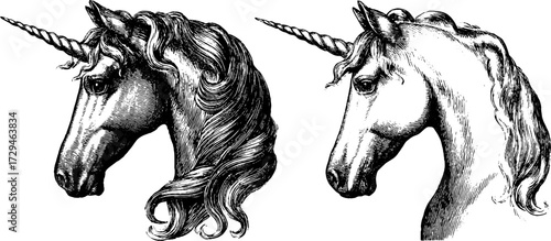 Vintage unicorn head profile set for retro design and decor