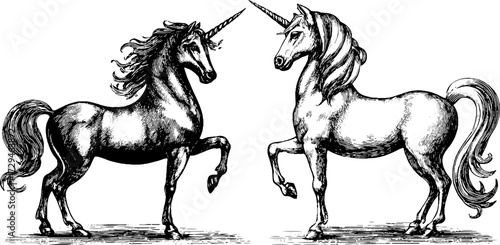 Vintage unicorn engravings set - hand drawn silhouette for retro design and decoration