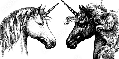 Vintage engraved unicorn set with flowing manes for retro design projects
