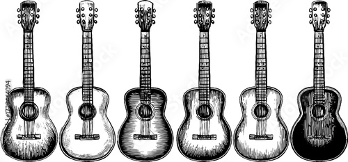 Vintage acoustic guitar collection: engraved illustrations for retro music designs