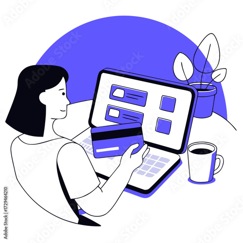 Woman shopping online with credit card while using laptop at home  