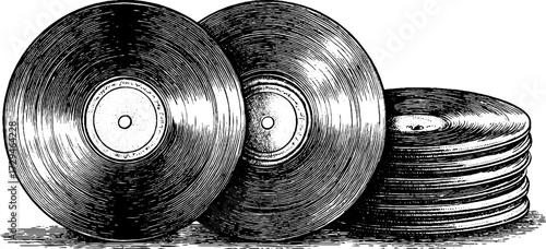 Vintage engraved illustration of vinyl records stack for retro design