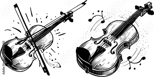 Vintage engraved violin and bow set for musical design and decor