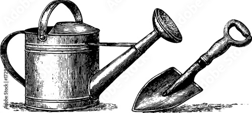 Vintage engraved illustration of a watering can and shovel, rustic gardening tools in classic decorative style.

