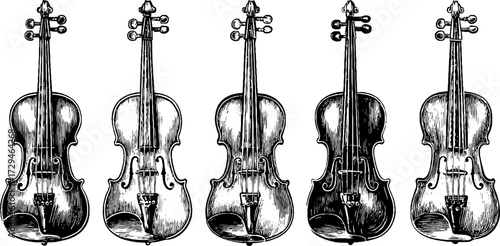 Vintage engraved illustration of violin and bow, elegant classical music instrument in ornate decorative style.
