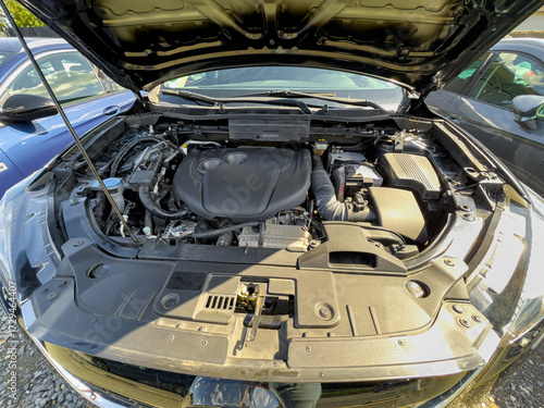 Tableau sur toile Checkup on a sleek engine beneath the hood in a well-lit parking lot during a su