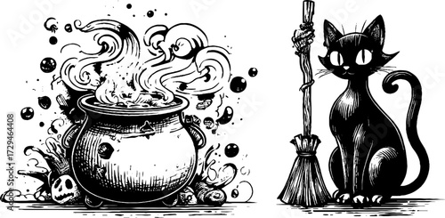 Vintage engraved witchcraft symbols featuring cauldron and black cat