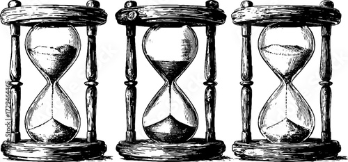 Vintage engraved hourglass illustration set in wooden frames for retro design