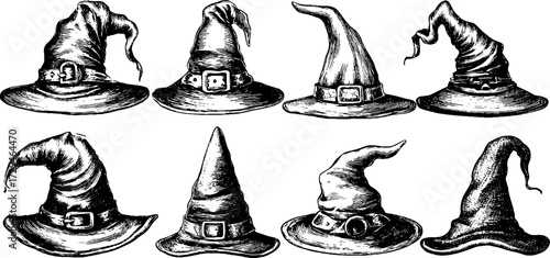 Vintage collection of hand drawn engraved wizard hats for fantasy design and decoration
