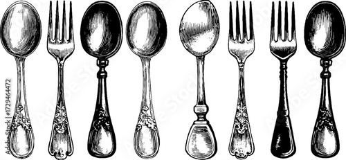 Vintage engraved illustration of wooden spoons and forks, classic kitchen cutlery in rustic decorative style.
