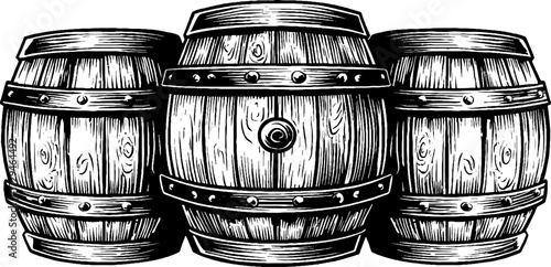 Vintage engraving of wooden whiskey barrels for retro design and decor