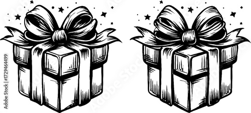 Vintage hand-drawn engraving of wrapped presents with bows and stars for holiday design