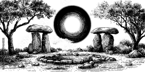 Enchanting fairy circles and ancient stones illustration for magical design