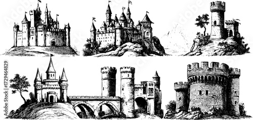Fantasy castles collection in engraved style for design and decoration