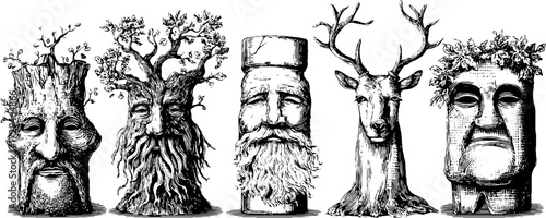 Enigmatic forest spirits engraved collection for design and decor