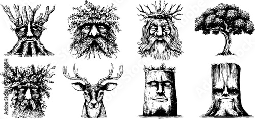 Enigmatic forest spirits and creatures engraved silhouette set for nature-inspired designs