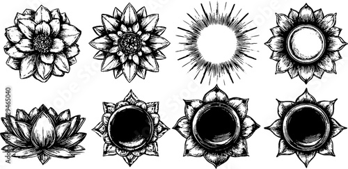 Vintage engraved mandala patterns in circular floral symmetry, detailed ornamental design for mindfulness and decor.