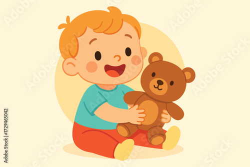 Happy toddler boy embracing a cute brown teddy bear toy sitting down