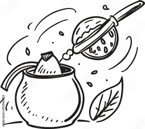 Refreshing citrus juice extraction with leaves and spoon hand drawn sketch artistic concept isolated on transparent background
