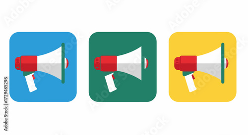 Iconic Megaphone Illustrations Showcasing Different Background Colors and Alerting Symbols Promoting Communication and Public Announcements