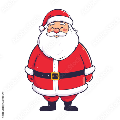 Cartoon illustration of Santa Claus standing with a cheerful expression, wearing his classic red suit and hat.
