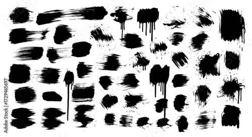 Abstract Black Paint Brush Strokes and Splatters Grunge Texture Elements Collection for Artistic Design Projects and Creative Applications