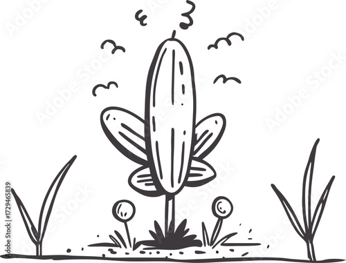 Stylized frog sitting amidst reeds and flowers in a sketchy line art style isolated on transparent background