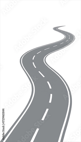 winding road on a white background,
Winding Asphalt Road Vector Illustration, Curved Highway with Dashed White Center Line on White Background