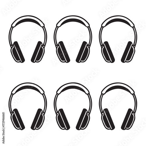 A collection of six identical headphones arranged in a grid pattern, showcasing a minimalist design and highlighting audio technology isolated on white background the image is clean and modern
