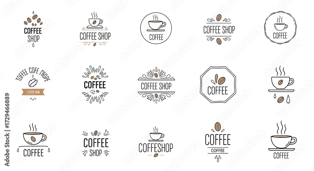 Fototapeta premium Collection of Modern Coffee Shop Logos Featuring Cups Beans and Steam Illustrations