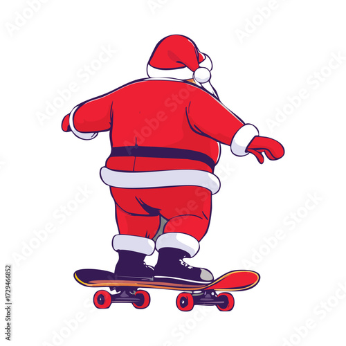 Santa Claus dressed in his iconic red suit is riding a skateboard, viewed from behind.