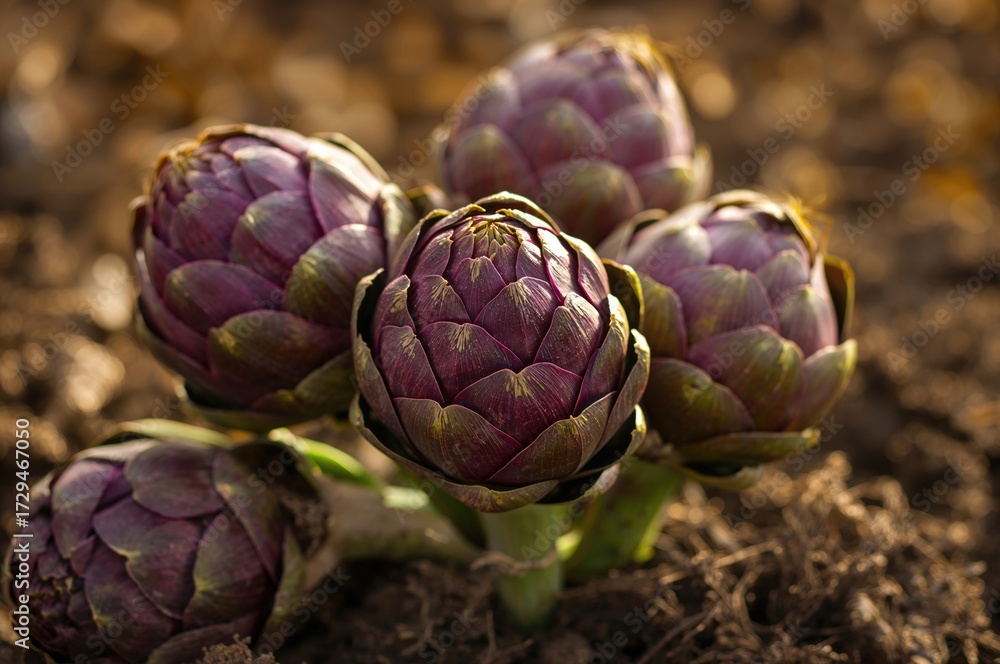 Fototapeta premium Close-up shot of newly harvested artichokes highlighting natural textures and eco-friendly cultivation in gentle sunlight, ideal for themes of green living and nutritious food.