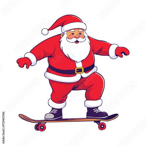 A jolly Santa Claus, dressed in red, balances on a skateboard with a happy expression.