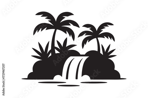 Tropical waterfall oasis with palm trees silhouette