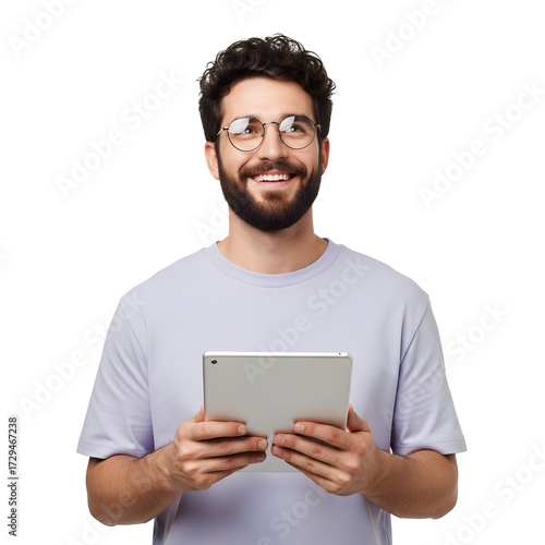 A smiling man with glasses holds a tablet in his hands and looks up and to the right