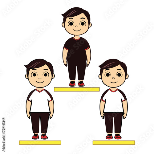 Illustration of three boys standing on yellow platforms isolated on white background, one boy is on top, two boys are on the bottom, all are smiling and wearing different colored shirts