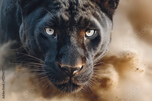 Panther in motion, dust trails, dynamic pose, detailed texture, low light, high contrast. clouds of dust, intense and dramatic.
