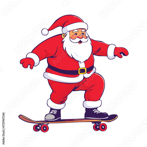 A jovial Santa Claus, dressed in red, balances on a skateboard with a cheerful expression.