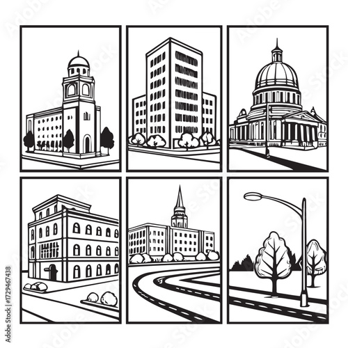 Black and white illustration isolated on white background showcasing various building structures, including a courthouse, office buildings, and a capitol building, set against a white backdrop