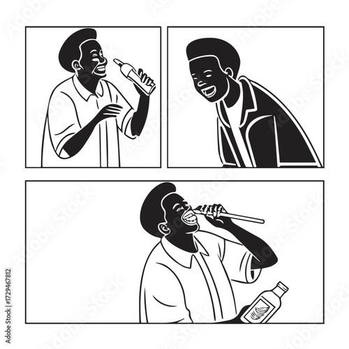 A comic strip depicting a man enjoying a beverage, then brushing his teeth with the same beverage, isolated on white background the panels show the progression of his actions in a humorous way