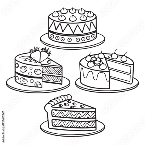 A collection of cakes and cake slices, each decorated differently and presented on individual plates, isolated on white background the variety showcases different flavors and designs