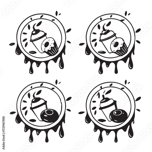 A delightful array of four charming emblems, each showcasing a delectable cupcake paired with a tempting donut, all encased within a decorative circle, isolated on white background