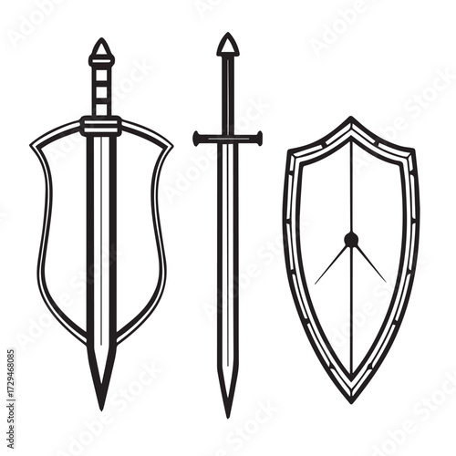 Illustration of medieval swords and shields isolated on white background, depicting classic weaponry and armor designs, ideal for historical or fantasythemed projects and educational materials